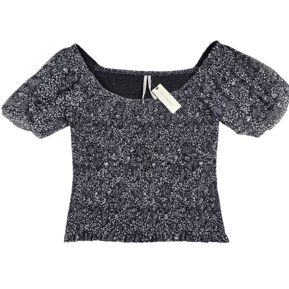Anthropologie Aurelia Smocked Balloon Sleeve Black White Floral Top Womens S NWT